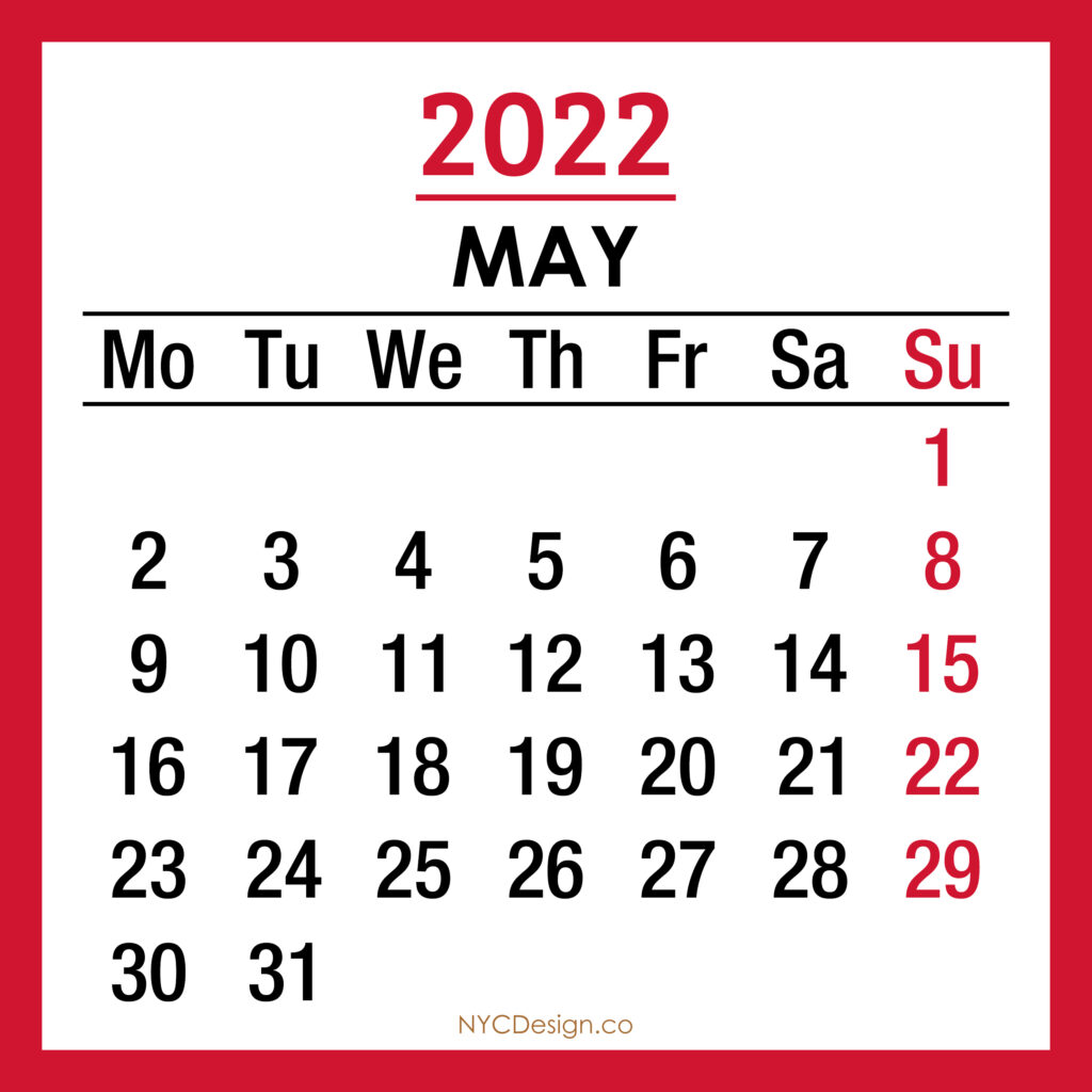 2022 Monthly Calendar, Printable Free – Monday Start, Red – NYCDesign ...
